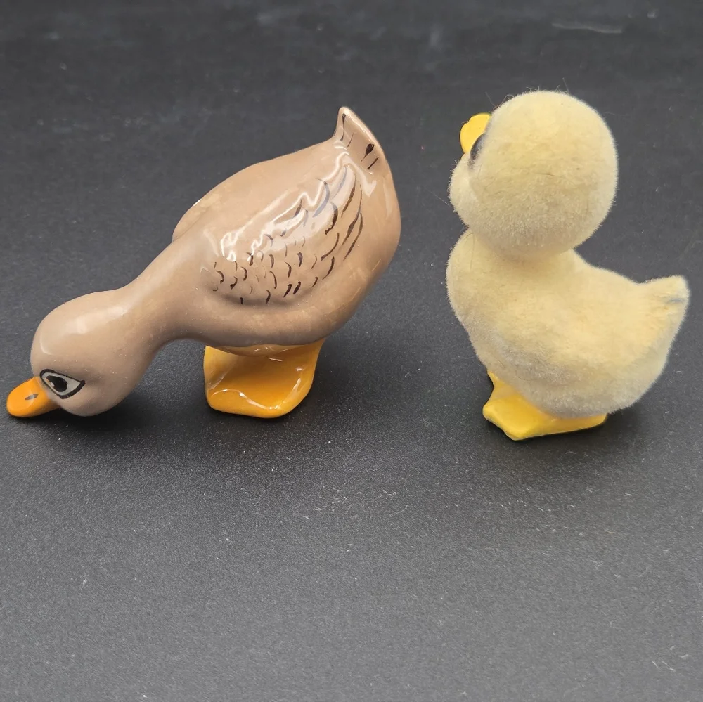 Vintage Inarco Flocked Duckling Figurine Japan & Ceramic Hand Painted Duck